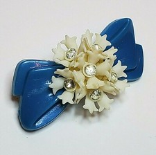 Vintage Barrette - Blue Bo-Slide Barrette with Cream Diamante Celluloid Flower