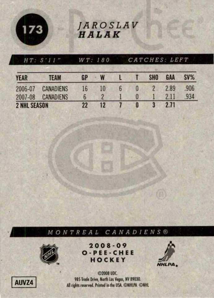 2008-09 O-Pee-Chee Jaroslav Halak #173 - Image 2 of 2