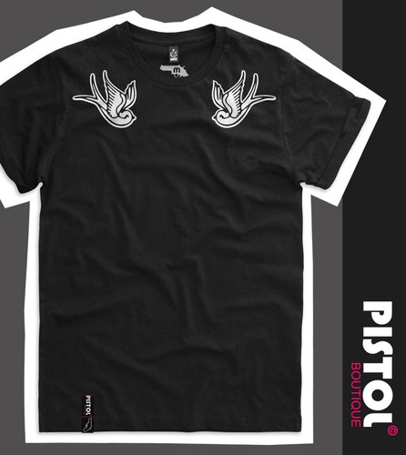 Pistol Boutique Men's Rolled Sleeve Black Crew SHOULDER TATTOO SWALLOWS T-shirt - Picture 2 of 12