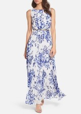 Eliza J Pleated Floral Chiffon Cobalt Blue & White Sleeveless Maxi Dress Size 2p