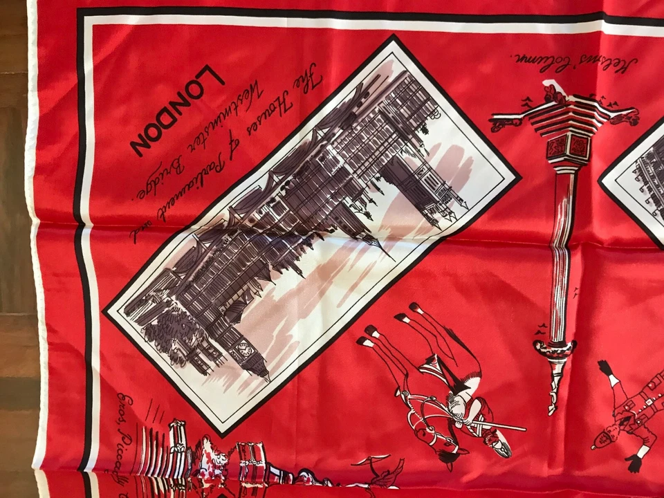 Vintage Selfridges 60s London souvenir scarf red buckingham palace tower bridge - image 3 of 4