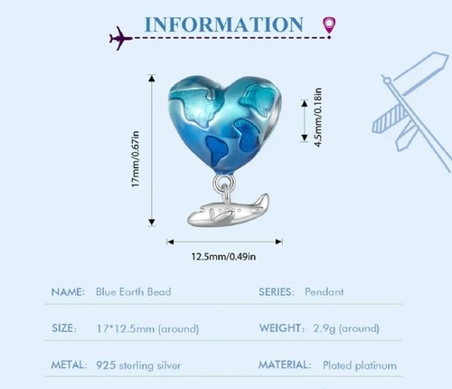 Sterling Silver 925 Charm Love Plane World Travel Bead - Friend Family Daughter - Picture 5 of 16