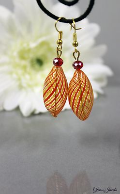 Glass Jewels Earrings Gold Pearls Orange Yellow Red Lampwork#D030
