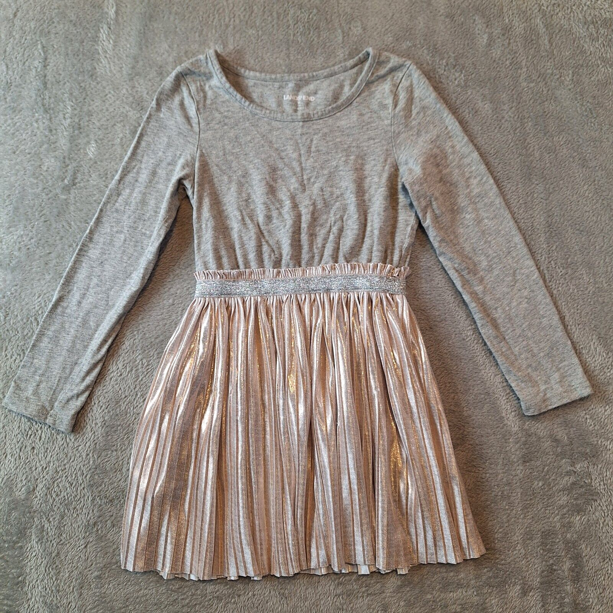 lands end grey dress Girls Size Medium 5-6 Gray Pink Shimmer Pleated Holiday Pockets Midi dresses
