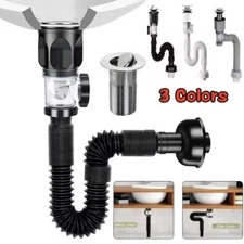 Black Universal Sink Drain Pipe Set Retractable Deodorant Sewer Drainage Water