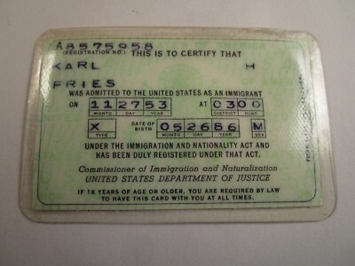 Vintage Immigration & Nationality Registration Card 1953 Border Crossing