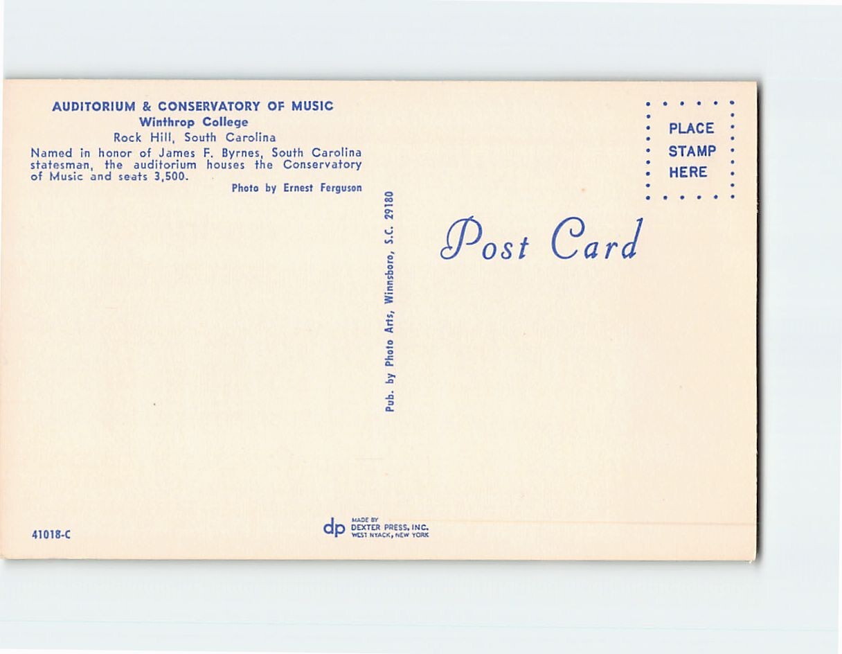 Postcard Auditorium & Conservatory of Music Winthrop College South Carolina