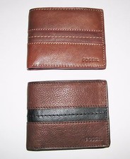 NEW FOSSIL BIFOLD BRUCE CAMEL OR BROWN,BLACK LEATHER,CLEAR ID POCKET WALLET
