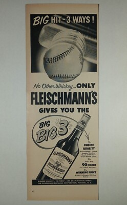 Fleischmanns Whiskey Peekskill NY Baseball Big Hit 3 B&W Slim Vintage Print Ad