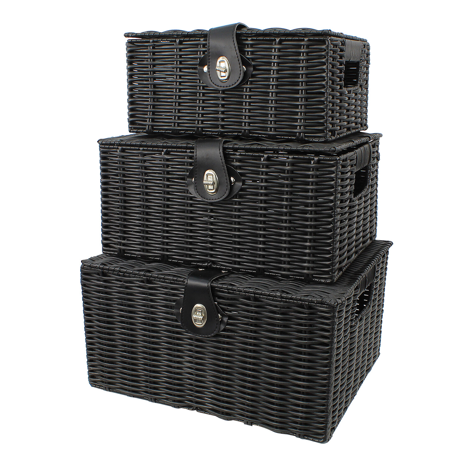 Set 3 Storage Resin Wicker Baskets Hamper Stackable Woven Lock Lid Box