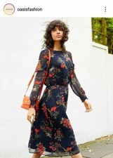 Oasis French Navy & Red Floral Garden Midi Dress Frill Sheer Slv 16 Was £60