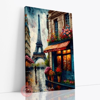 Paris Street Café Eiffelturm bunt Leinwand Wandbild Deko gerahmter Druck