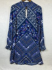 Express Blue Floral Geometric Print Shift Dress Small Boho Keyhole Long Sleeve