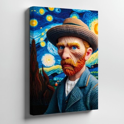 Van Gogh Style Yarn Art Portrait With Starry Night Sky Canvas Wall Art Print