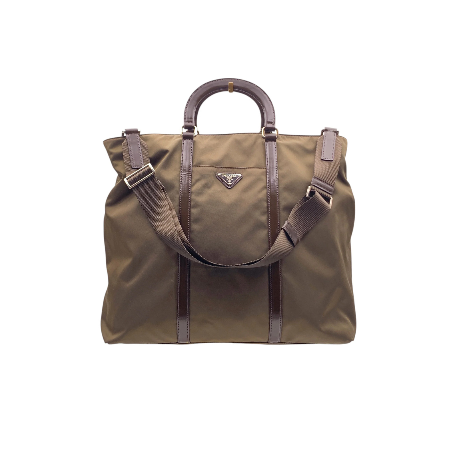 Autentica borsa Prada vintage tessuto nylon e vernice grande 2 vie tote bag