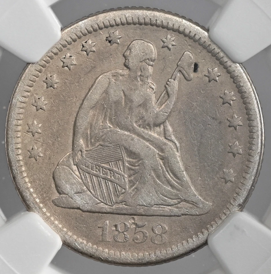 Cuarto libertad sentada 1858-O 25C NGC VF DETALLES "LIMPIADO" #8405236-010 Foto 2 de 4