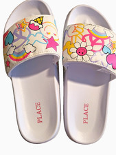 The Children's Place TCP Girls Sz 5 Slides Sandals Neon Colors Doodle Print