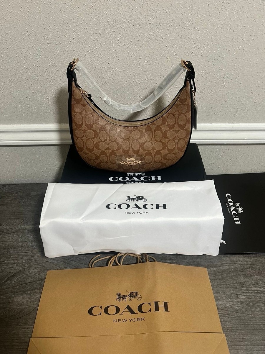 Coach Crescent Logo Shoulder Bag Brown Tan Gold Hardware with Dust