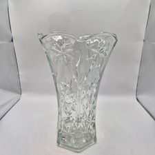 Clear Pressed Glass Vase Starburst Floral Scalloped Rim Square Base