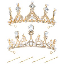 2pcs Gothic Baroque Gold Crystal Rhinestone Pearl Crowns Tiaras Princess Quee...