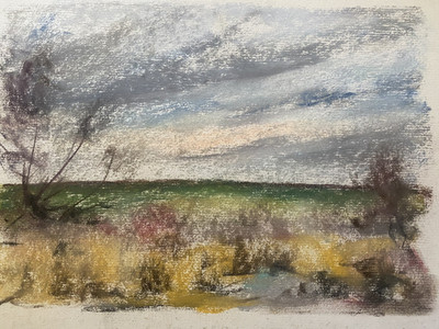 Franz Ehmke 1928 - 2018 Berlin Pastel Field Trees Grasser Cloudy