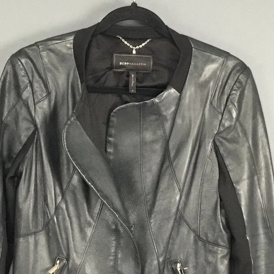 BCBGMAXAZRIA Jacket Womens Medium Black Moto Asymmetrical Peplum Knit Panels - Image 4 of 4