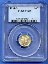 1934 D PCGS MS65 Mercury Dime 10c Silver US Mint Coin 1934-D MS-65 OBH