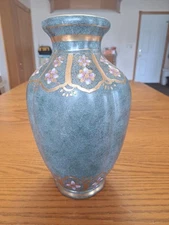 H.F.P. Macau Toyo Vase Pale Turquoise Marble Floral & Gold Accents Hand Painted