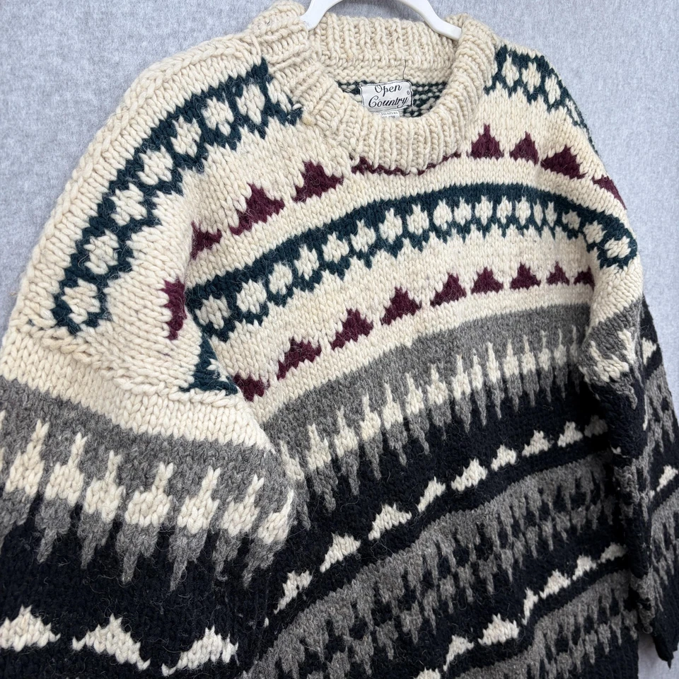 Open Country Wool Sweater One Size Cream Black Knit Fair Isle Chunky Ecuador - Image 3 of 4