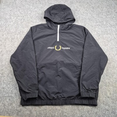 Fred Perry Jacke Herren Large schwarz Kapuze 1/4 Zip Anorak Windbreaker Logo