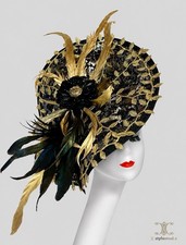 Ascot Royal Fascinator KY Derby Gold Appliqu Black w/Gold Feathers, Headband