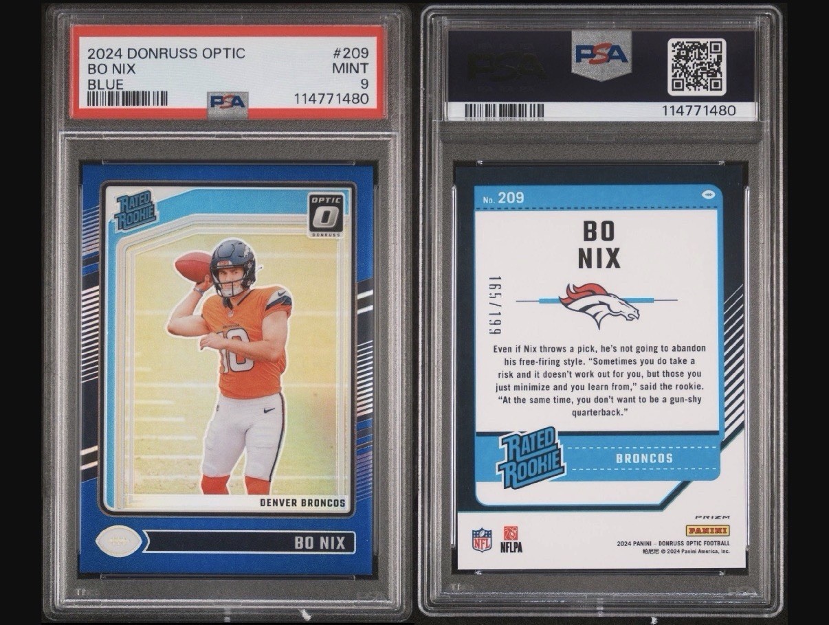 PSA 9 2024 PANINI DONRUSS OPTIC TRUE BLUE #209 BO NIX ROOKIE RC /199 BRONCOS