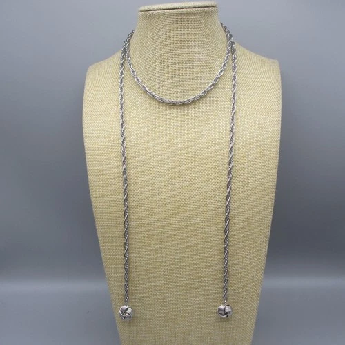 Vintage Lariat Necklace Flapper Chunky Chain Love Knot Ends Silver Tone 43 Inch