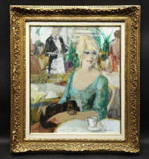 Dipinto ad olio Marcel Cramoysan giovane donna con cane arte figurativa francese