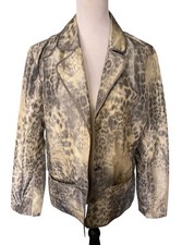 Chico's Size 2 Large Jacket Blazer Gray Long Sleeve Lined Leopard Print