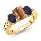 2.36 Ct Oval Brown Tiger Eye Blue Sapphire 18K Yellow Gold Plated Silver Ring