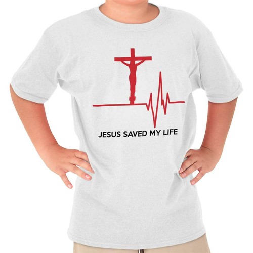 Christian Faith Crucifix Jesus Saved My Life Youth Crewneck T Shirts Boy or Girl - Picture 8 of 22