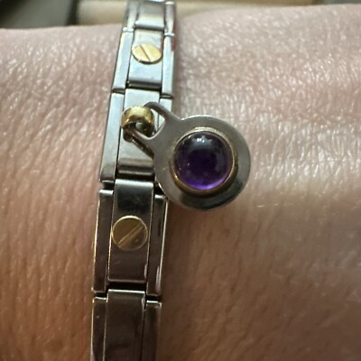 NOMINATION ITALY STAINLESS STEEL 18K GOLD CABOCHON AMETHYST CHARM BRACELET