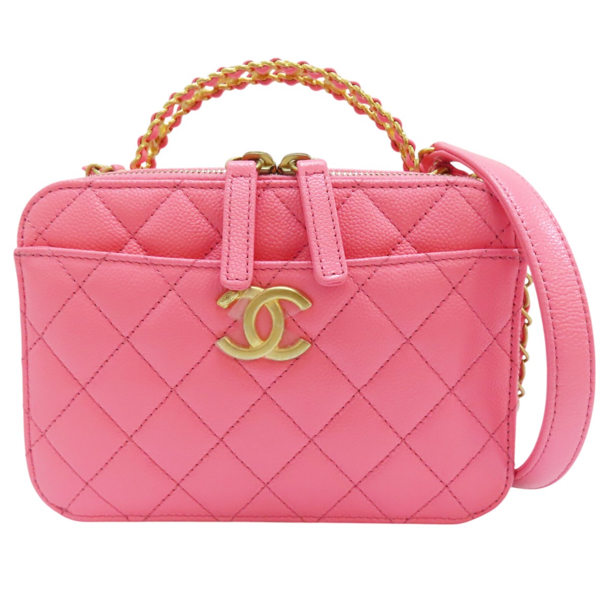 CHANEL ★ Chanel CC Matelasse Caviar Leather Vanity Bag Pink Chanel Small Classic Vanity Case Pink Caviar Light Gold Hardware
