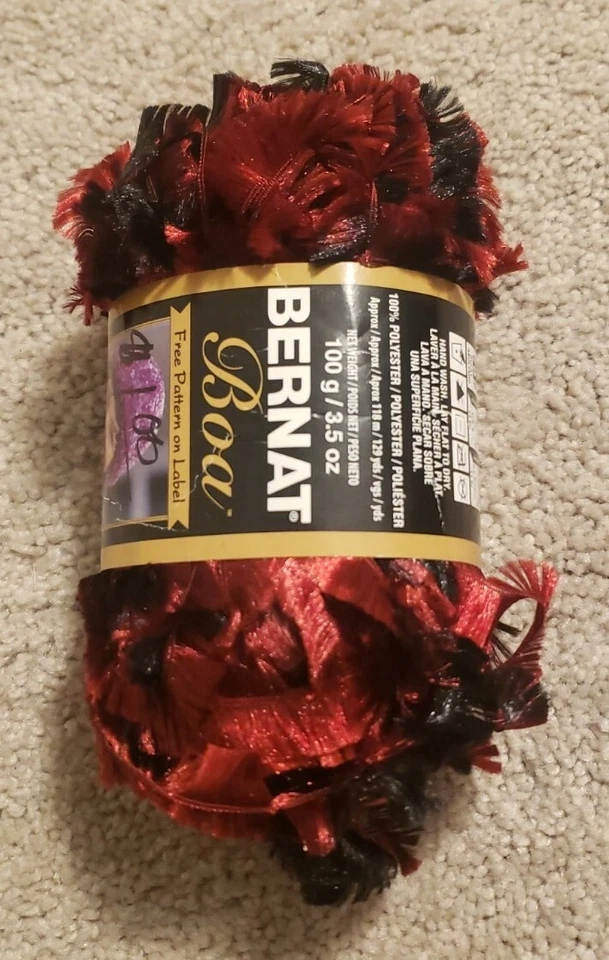 Bernat Boa Yarn 100% Polyester Cardinal #46530 Red Black Feather Eyelash  - Image 4 of 4