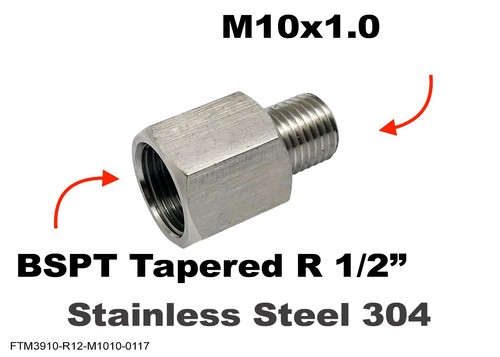 BSPT Tapered R 1/2" Female to M10x1.0 Male Stainless Sensor Adaptor Fittings - Picture 1 of 6