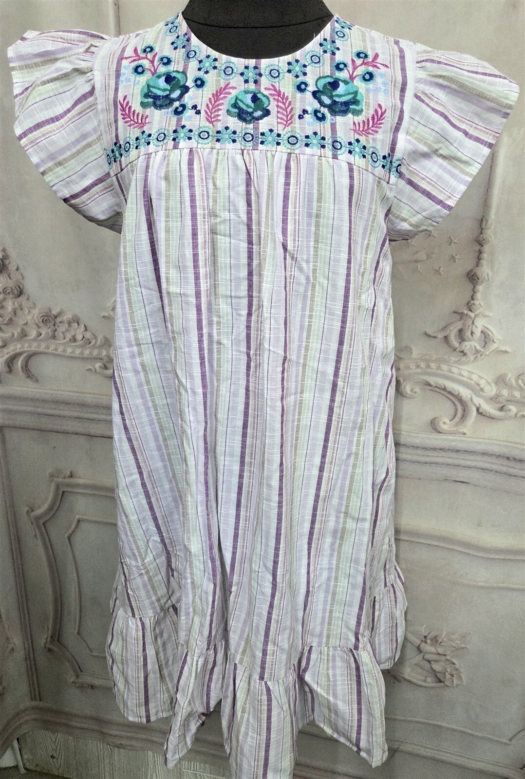 Victorian Trading Vibrant Bloom L Purple Stripe Embroidered Porch House Dress 6D