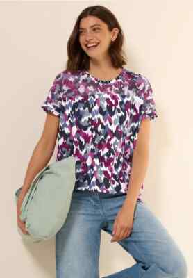 CECIL 323377 Shirt kurzarm Meshdetails Tunnelzug am Saum grafische Muster weiß