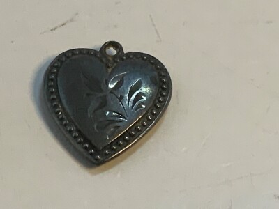 Antique Victorian Sterling Silver Puffy Heart Charm  Floral Design Monogramed