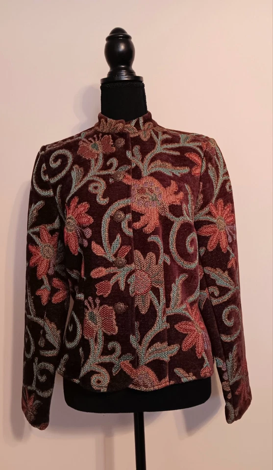 Chadwicks Tapestry Multi Floral Brown Filigree Button Blazer Mandarin Collar - Image 3 of 4