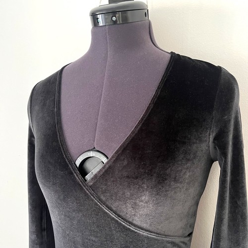 Women's American Apparel Black Velvet Wrap V-Neck Plunge Long-Sleeve Bodysuit XS - Picture 3 of 6