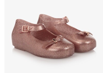 NWOB $60 Mini Melissa DORA Pink Glitter Bow Mary Jane Flats