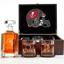 Tampa Bay Buccaneers - Engraved Football Whiskey Decanter 2 Glasses In Wood Box