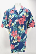 Vintage Paradise Found for LL Bean Blue Hibiscus Aloha Hawaiian Shirt Mens L-XL 
