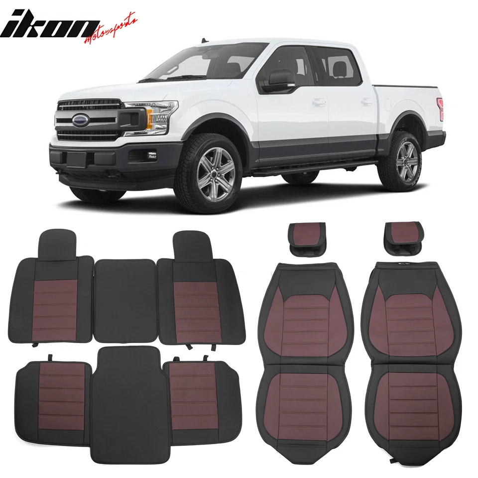 Fundas de asiento de cuero PU 5 asientos para camioneta Ford F150 doble cabina 09-25 - negro y marrón